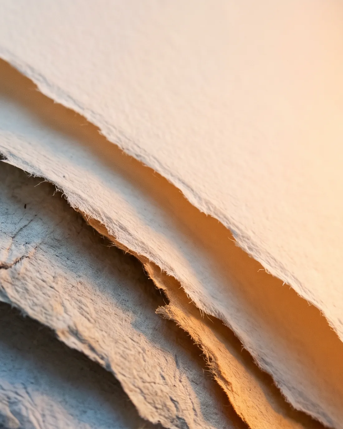 Viele Lagen handgeschöpftes Papier schwingen gemeinsam in eine Richtung, von kühlem Blau zu warmem Orange