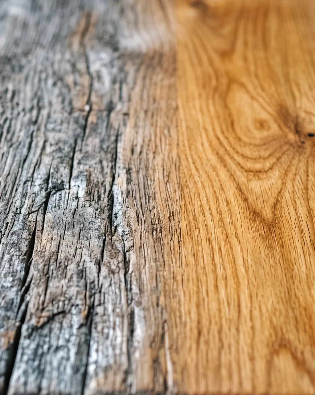 Nahaufnahme: altes, verwittertes Holz geht in eine frisch geschliffene, geölte Oberfläche mit warmer Maserung über