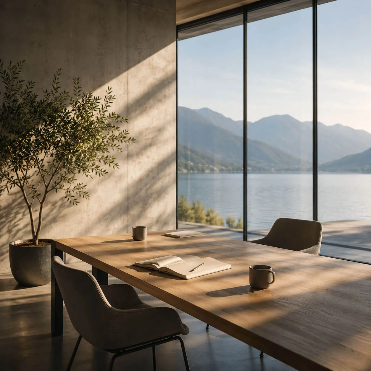 Heller Besprechungsraum mit Blick auf Berge und See
